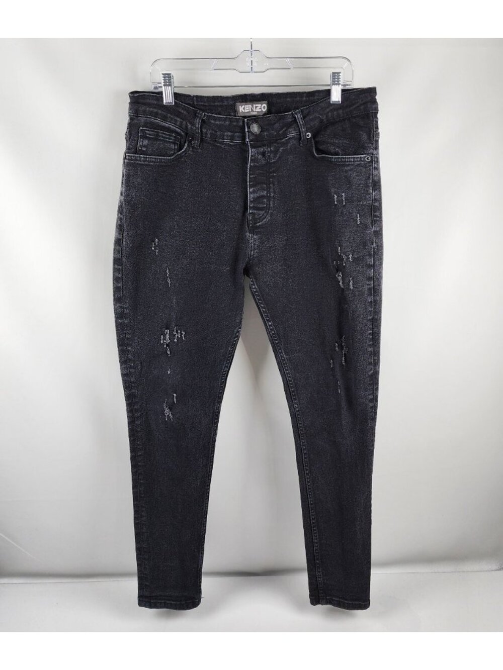 Kenzo Paris Jeans Mens 36x29 Black Button Fly Distressed Denim